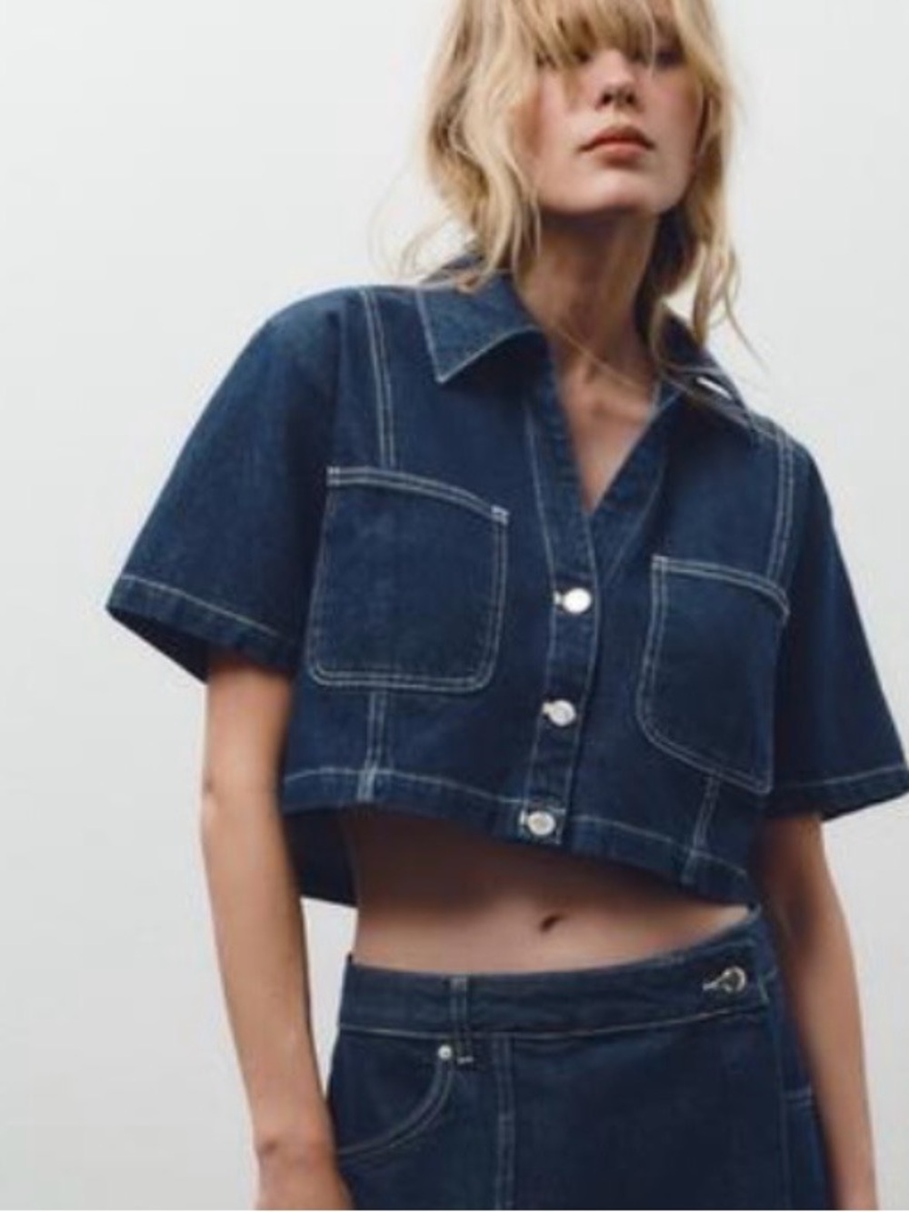 Zara Dark Blue Cropped Denim Button-Up